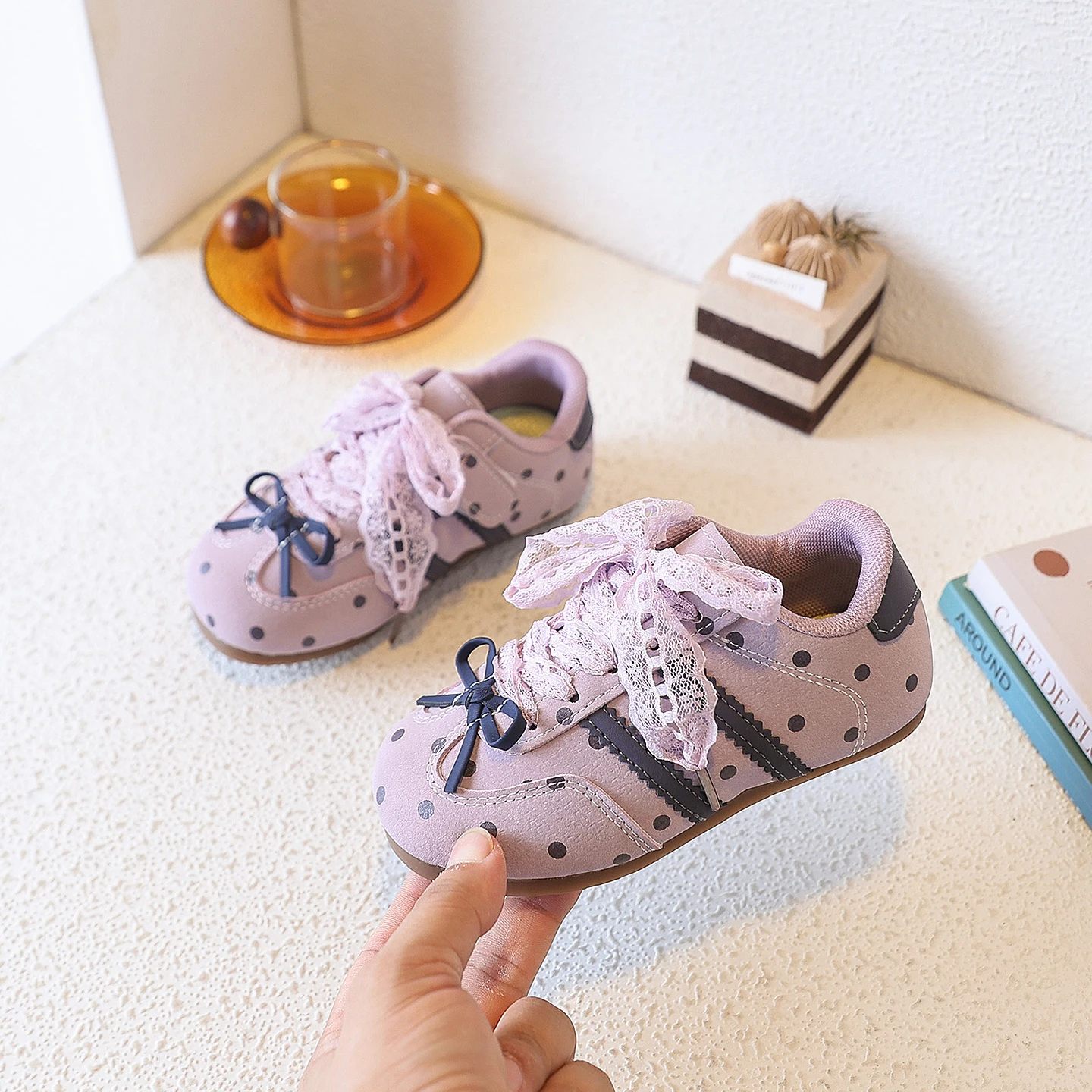 Toddler Girls Vintage Trainer Sneakers, Spring Autumn Polka Dot Lace Bow Decor Casual Shoes, Round Toe Kids Sneakers, Lavender