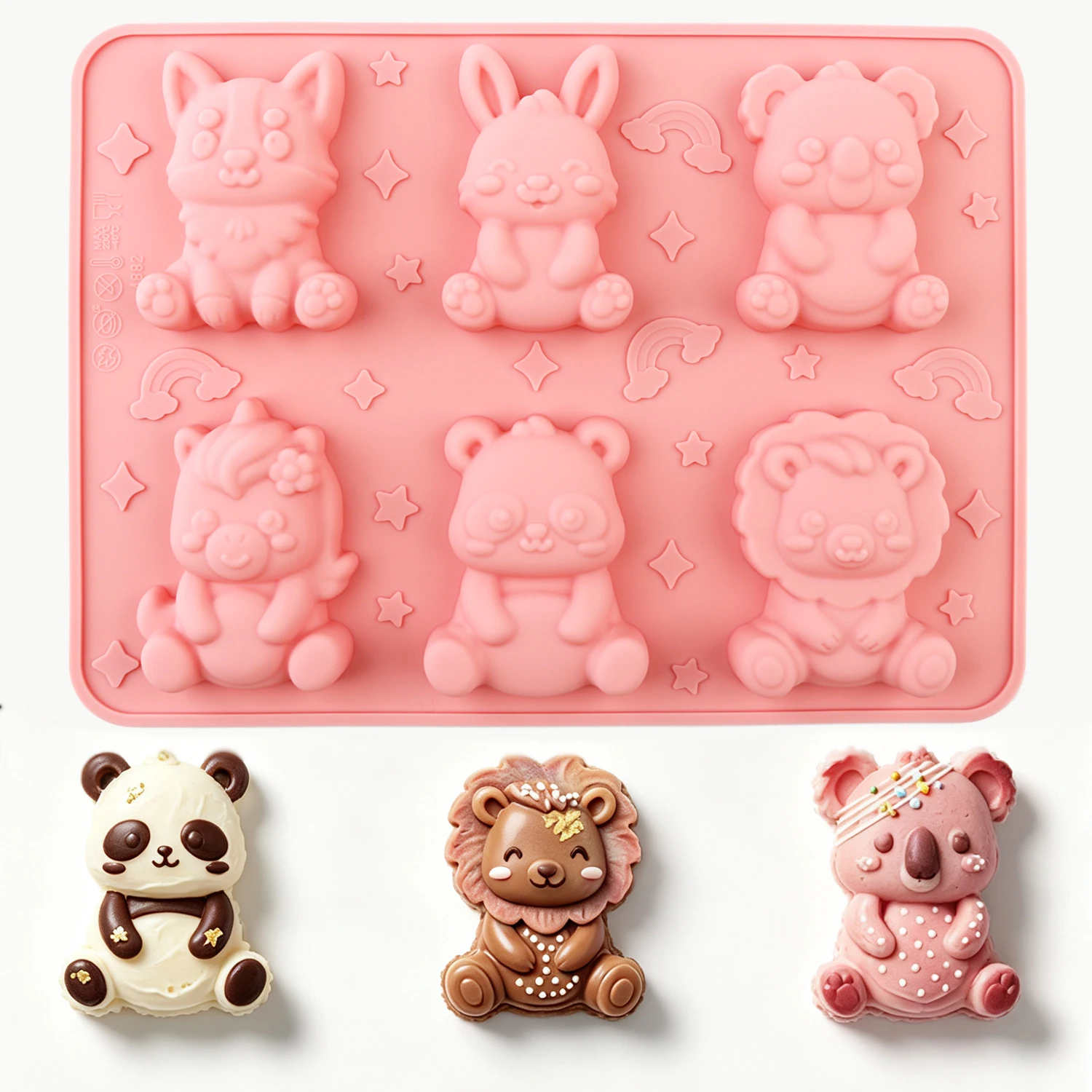 Cute animal-themed silicone molds, non-stick and easy to release, made of food-grade silicone, featuring designs such as rabbits and lions, suitable for making cupcakes, chocolates, cake decorations, and other baked goods, baking gifts, animal-themed, home baking
