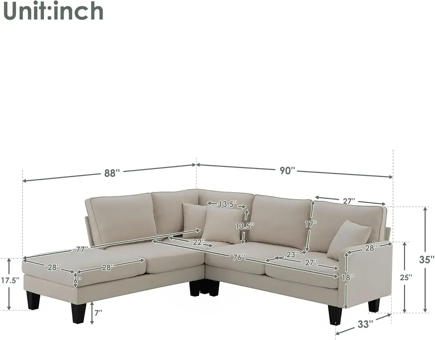 Modern L Shaped Convertible Corner Sofa 5 Seat Couch with Chaise Lounge, Minimalist Indoor Furniture with 3 Pillows