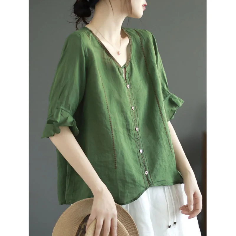 Temperament Summer Cotton and Linen Women 2024 Vintage Quarter Sleeves V-neck Embroidery Solid Color All-match Splicing Tops