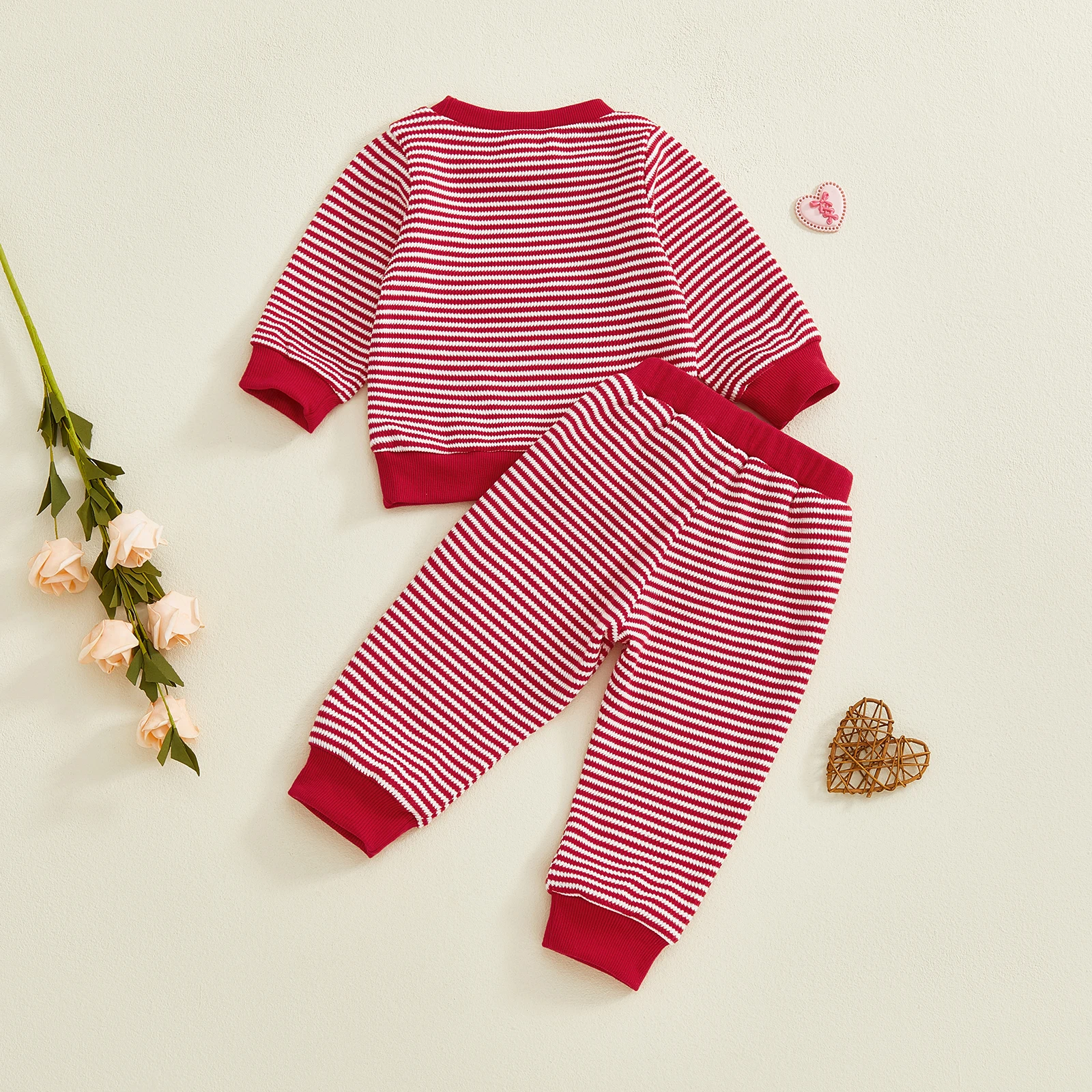 Toddler Boy Valentines Day Outfit Stripe Letter Embroidery Crew Neck Long Tops and Heart Pants 2Pcs Set for Infant Baby 0-3Years