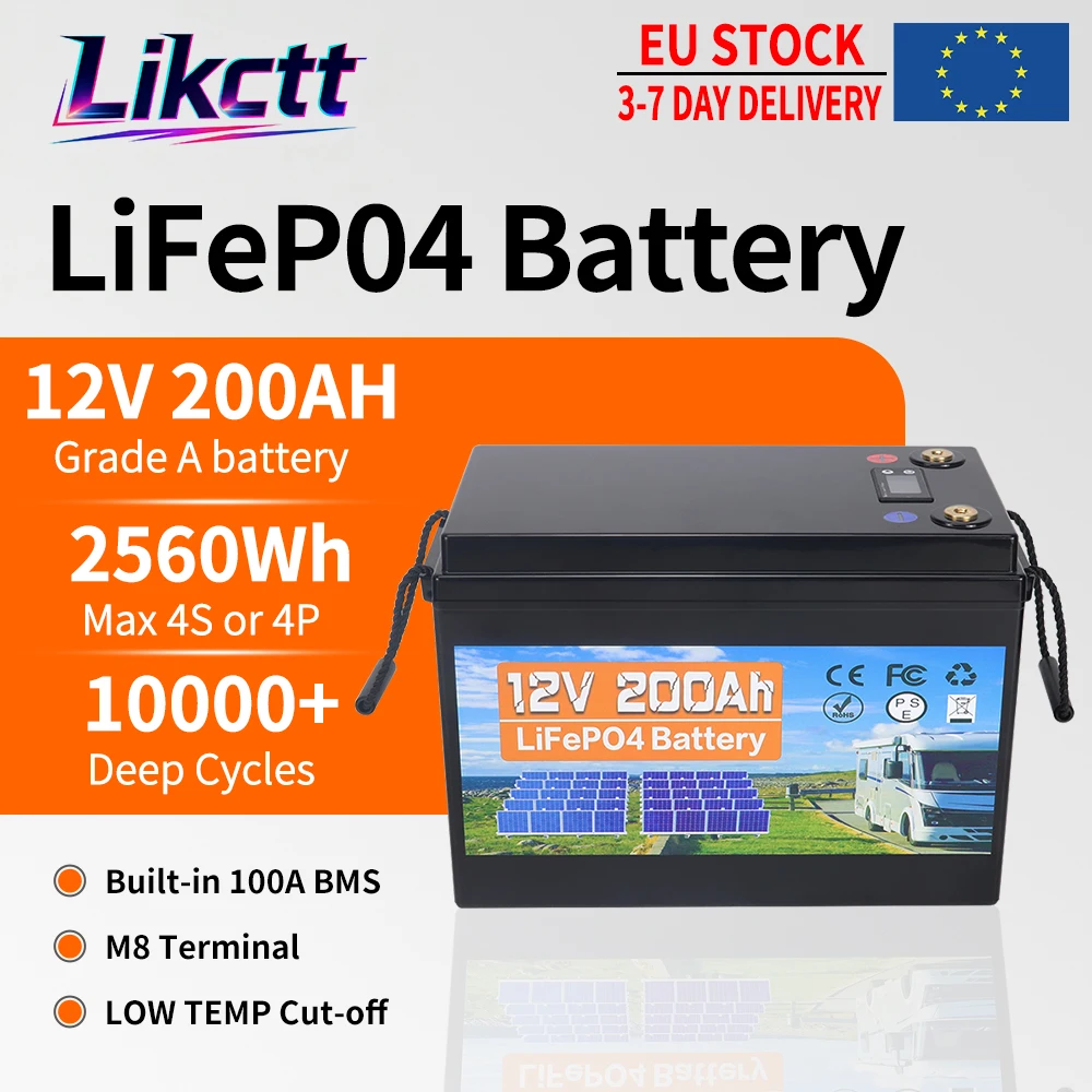 EU-Lager 12V 200AH 350AH LiFePO4-Batterie mit integriertem BMS, Lithium-Eisenphosphat-Zellen, 10.000 Zyklen, zum Austausch der meisten Notstrom- und Heimenergiespeicher, steuerfrei