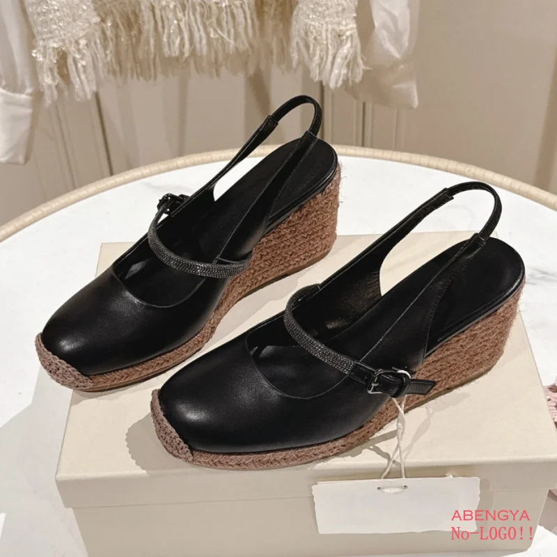 

2025 Summer Leather Wedge Heel Sandals For Women Grey Suede Slingback High Heel Dress Shoes Designer Party Platform Shoes Woman