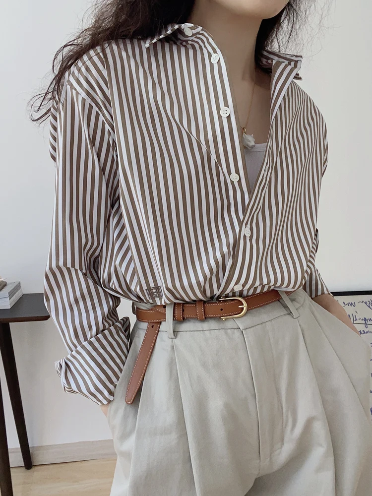 

Свободная женская рубашка с длинным рукавом, в вертикальную полоску, удобная, стройнящего кроя, для повседневной носки, хлопковая, на пуговицах
