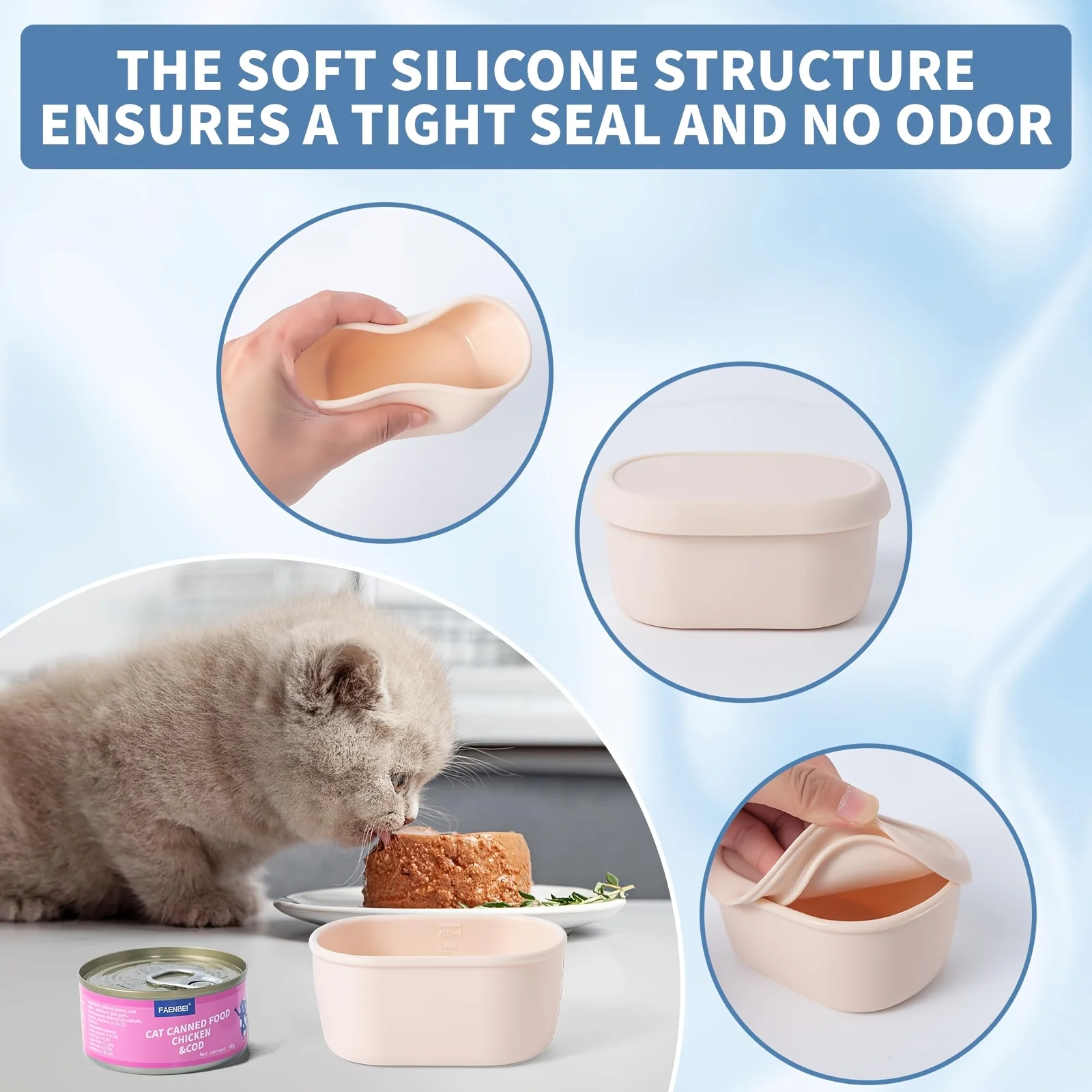 Wiederverwendbarer Behälter für Nassfutter für Katzen mit Silikondeckel, Auslaufsichere Frischhaltebox für 3oz/85g Katzenfutterdosen – Detail 5