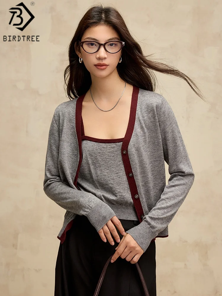 

Birdtree 32.1% Sheep Wool 25.2% Acrylic Inner Sling Cardigan Set,Woman Wool Blend Color Collision Autumn Knit Suit Top S58612JF