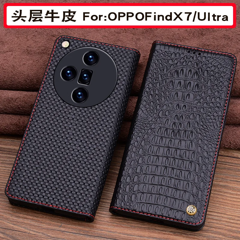 Wobiloo Luxury Real Cowhide Genuine Leather Flip Phone Cases For Oppo Find X7 Ultra Hell Full Cover Pocket Bag Case