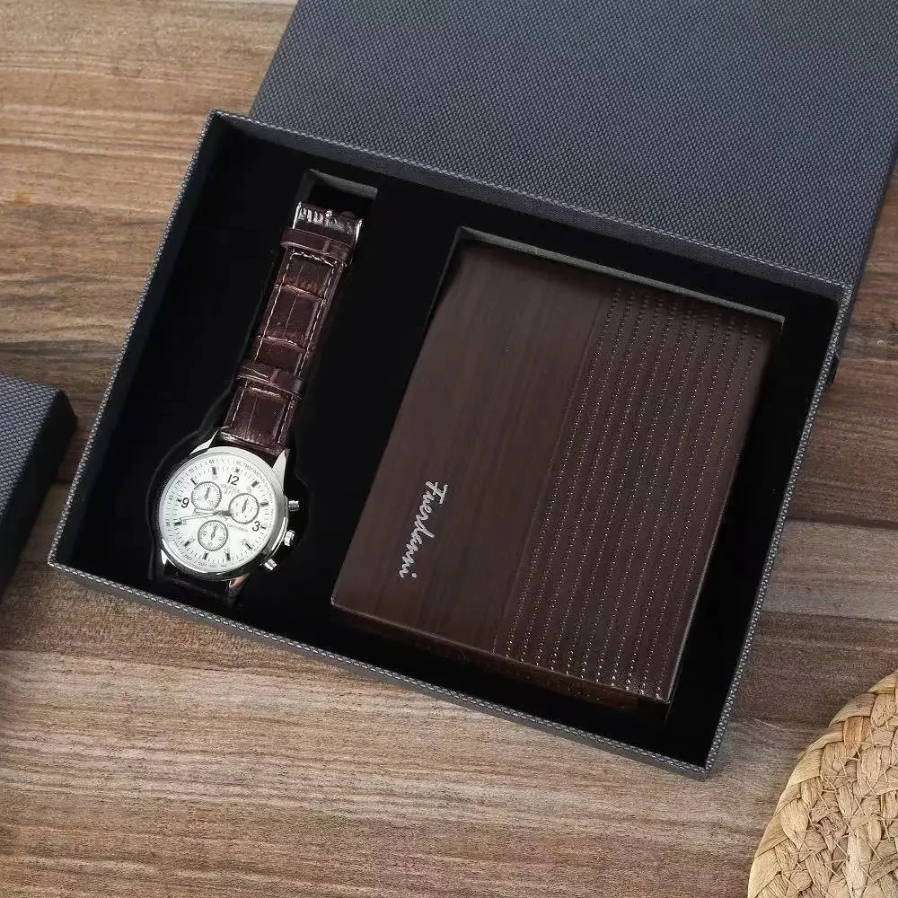 2 Pcs/Set Fashion Mens Watches Set Exquisite Gift for Husband Men Gift Set for Birthday with Boxes Quartz Watch Leather Wallet