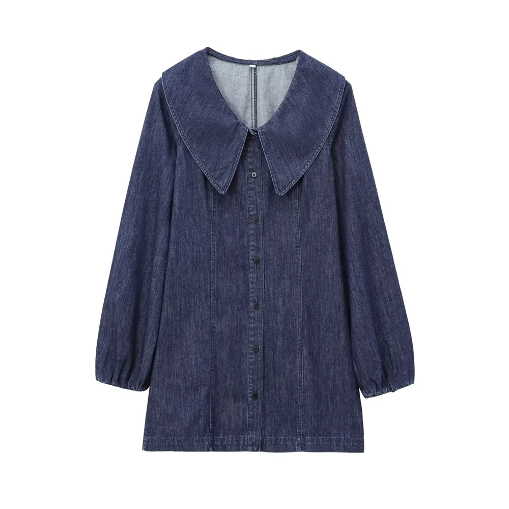 Autumn New Women's Fashion Casual Style Simple Long Sleeve Small Round Collar Short Style Slimming Denim Dress