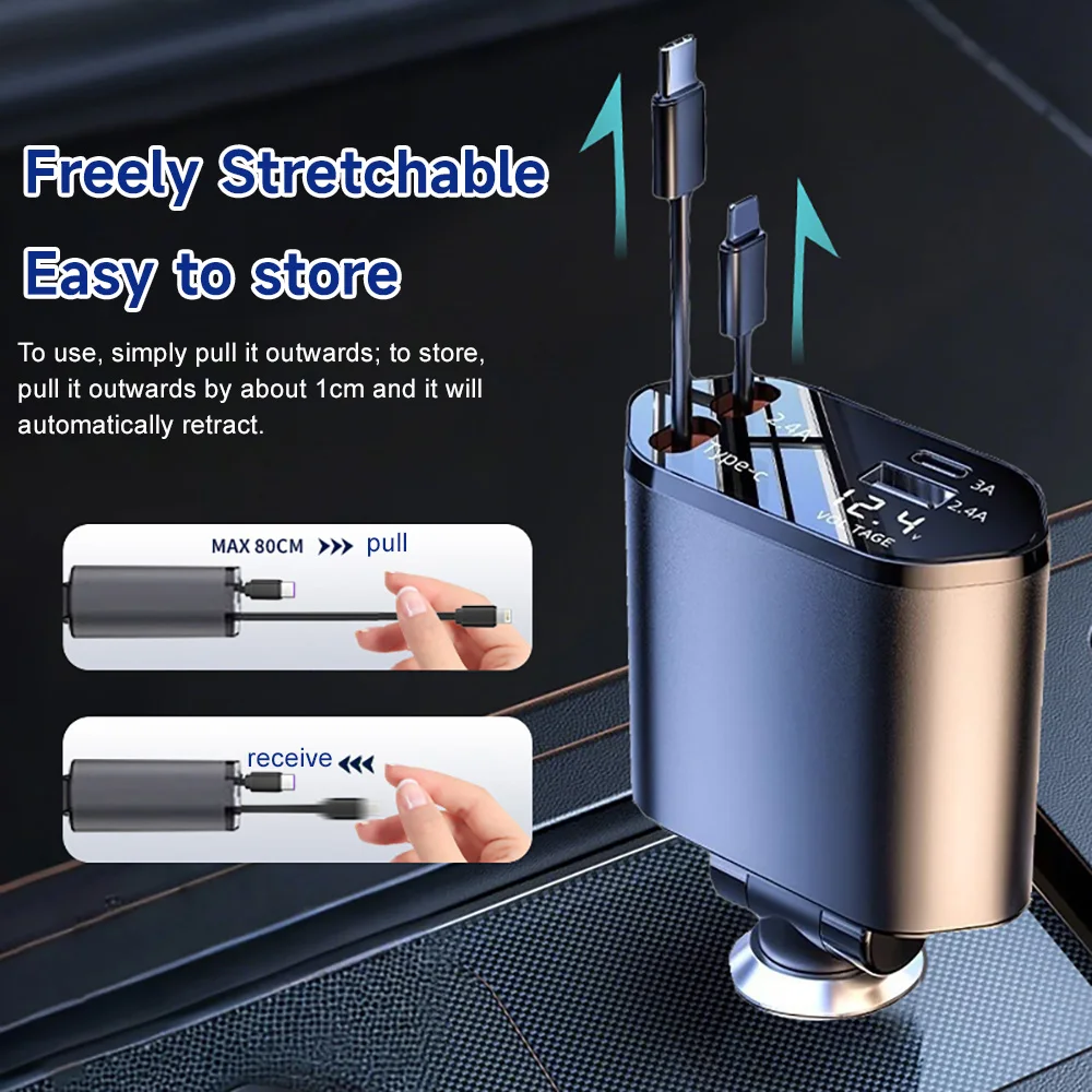 120W Fast Charging Car Charger Dual Retractable Type‑C Cables Dual USB‑A Digital Voltage Display Car Cigarette Lighter Adapter