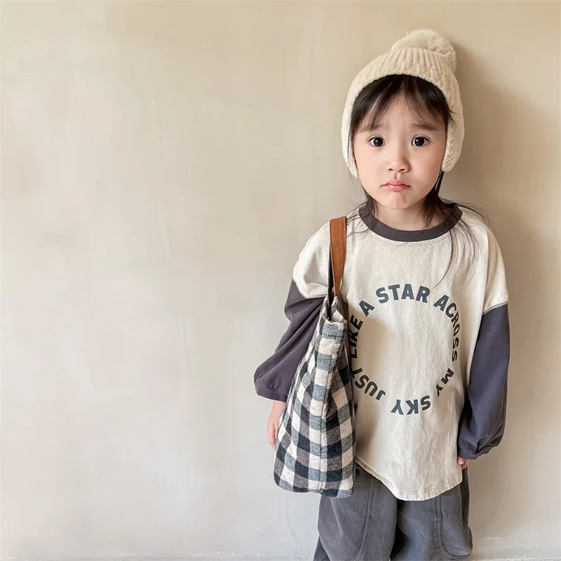 2024 Autumn New Children Long Sleeve T Shirt Fashion Letter Print Girls T Shirts Loose Kids Casual Tops Cotton Baby Boys T Shirt