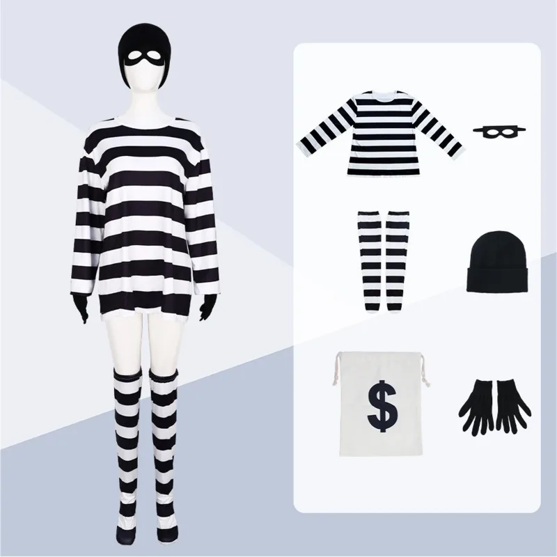 

Holiday Party Makeup Ball Female Cos Thief Prisoner Eye Mask Knitted Hat Gloves Striped Silk Socks Canvas Money Bag Dressing
