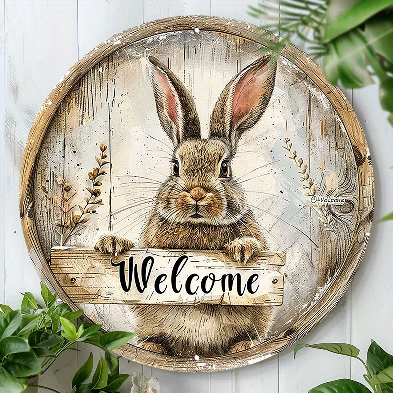 2D Vintage Metal Rabbit Welcome Sign Round Aluminum Wall Decor for Home Garden Cafe Farm Easter Ornament Hanging Door Plate Stor