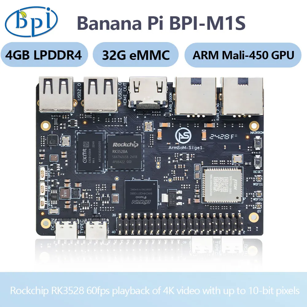 

Banana Pi BPI-M1S Rockchip RK3528 Четырехъядерный процессор Cortex-A53 4 ГБ 32-битный LPDDR4x 32 ГБ eMMC 60 кадров в секунду 4K видео Интеллектуальный одноплатный компьютер