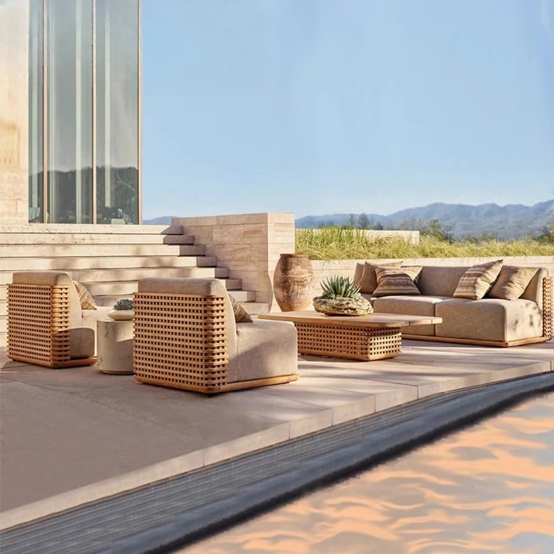 

Solid wood living room rattan sofa combination courtyard terrace waterproof and sunscreen furniture