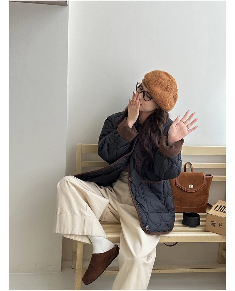 Autumn Down Cotton Padded Jacket Women's 2025 Contrast Lapel Rhombic Thin Short Loose Spring Cotton Padded Casual Coats Female