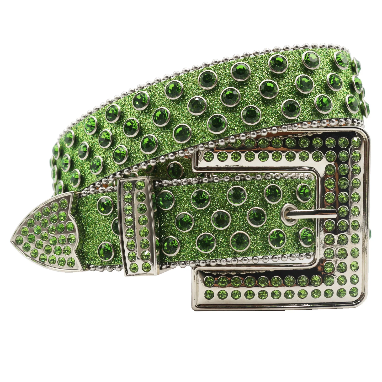 Cinturones de diamantes de imitación punk hip hop a la moda para hombre, cinturón de cuero suave con tachuelas de diamantes, pretina verde de diseñador para mujer, correa con hebilla cuadrada