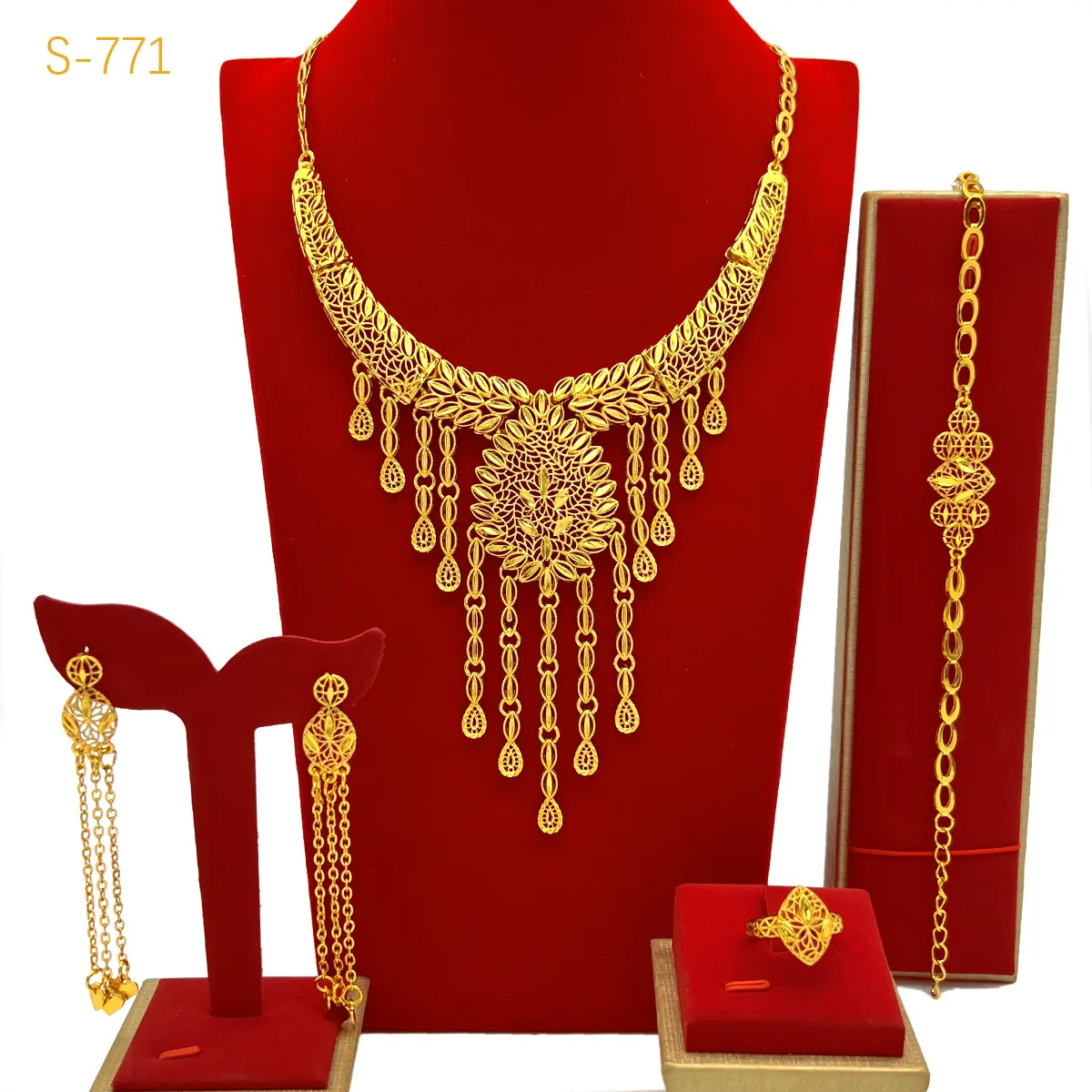 

2025 Dubai 24k gold-plated flower hollow jewelry set necklace earrings bracelet ring Middle East Dubai jewelry