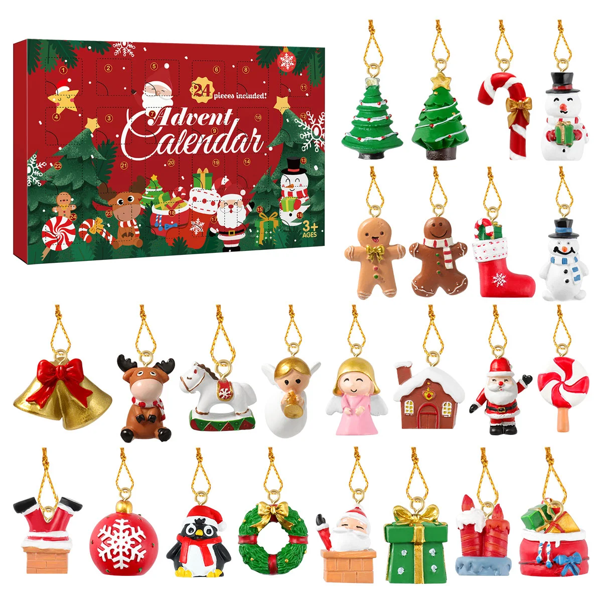 24 Unique Christmas Resin Hanging naments Advent Calendar Xmas Tree Decorations Kids Fun Retro Design 24 Compartments Pearl