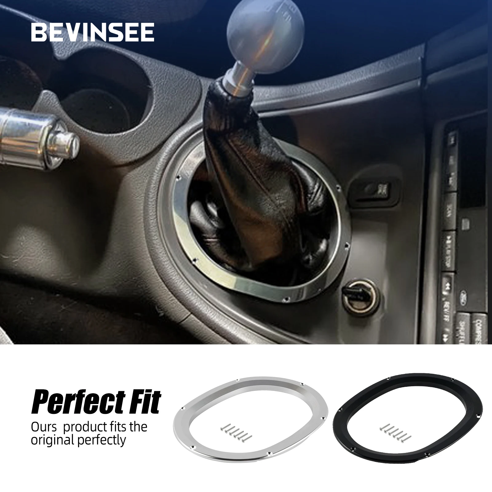 BEVINSEE Aluminum Shift Trim Bezel Gear Shift Panel Cover Trims for Ford Mustang GT V6 1994-2004