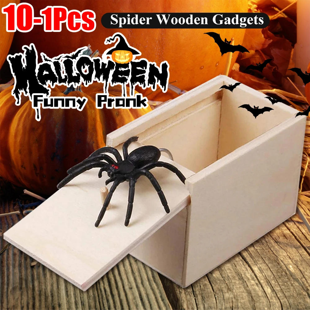 

10-1Pcs Spider Surprise Box Novelty Wooden Prank Spider Scare Box Harmless Trick Play Joke Gag Toy Halloween Scary Horror Toys