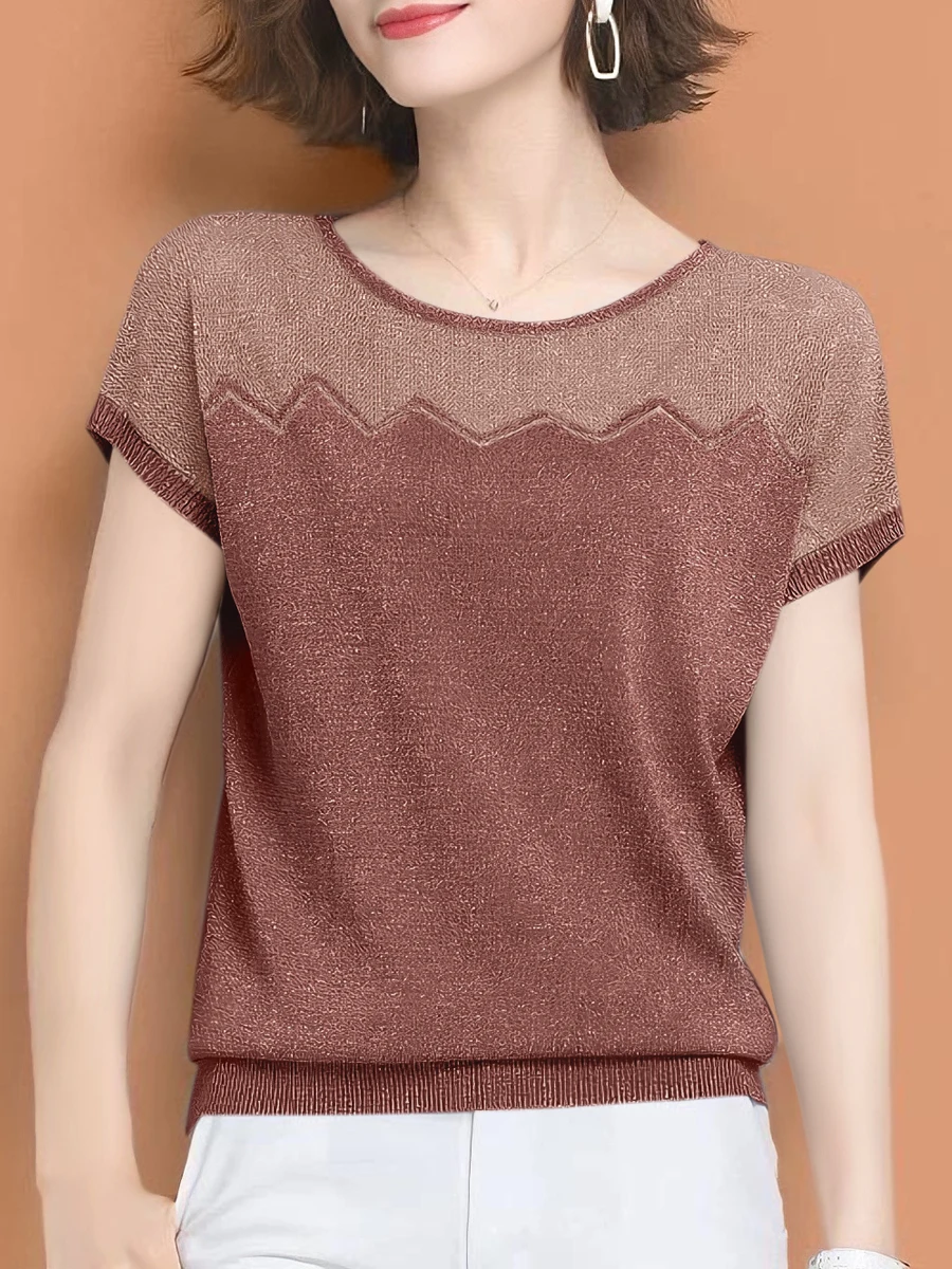 

Летний кружевной вязаный топ с круглым вырезом для женщин, тонкий, ажурный, дышащий, с короткими рукавами, модный топ