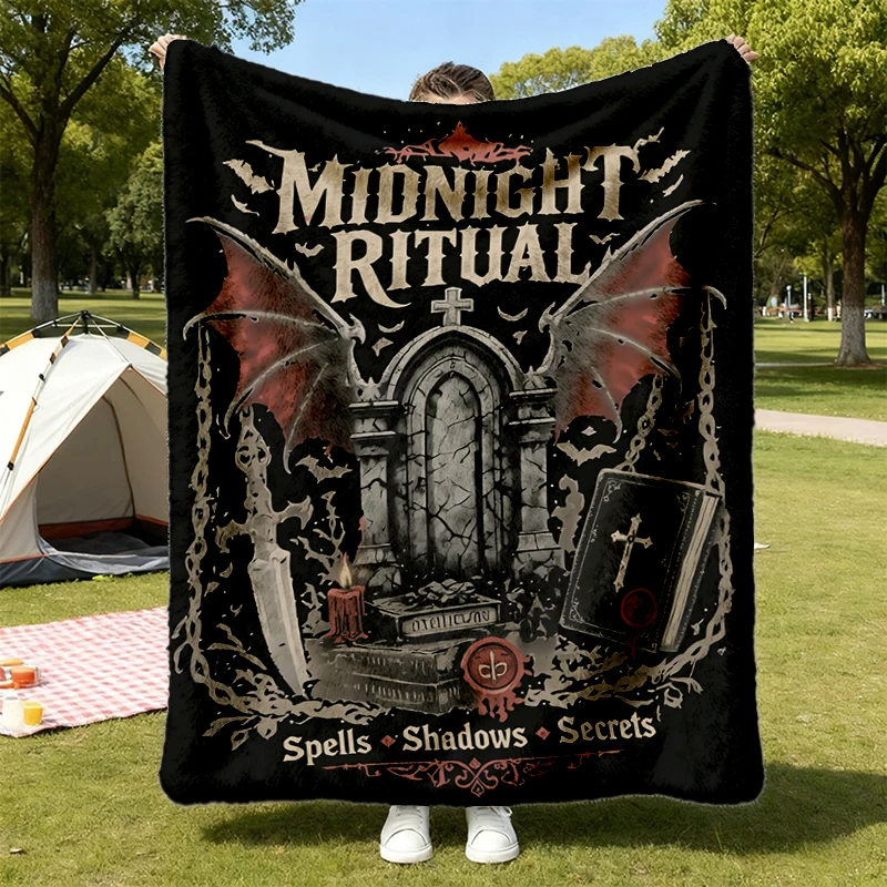 Midnight Ritual Gothic Flannel Blanket, Bat Wing Occult Graphic Flannel Throw, Witchy Academia Cozy Blanket