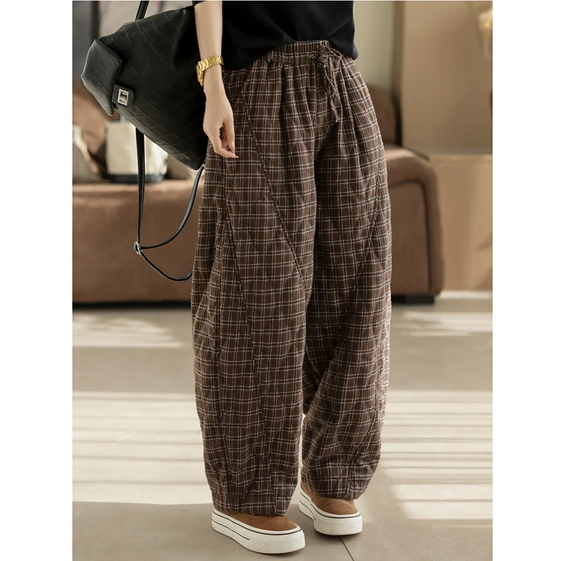 2025 nouveauté hiver mode femmes Arts Style cheville longueur pantalon décontracté ample coton taille élastique Plaid sarouel K112