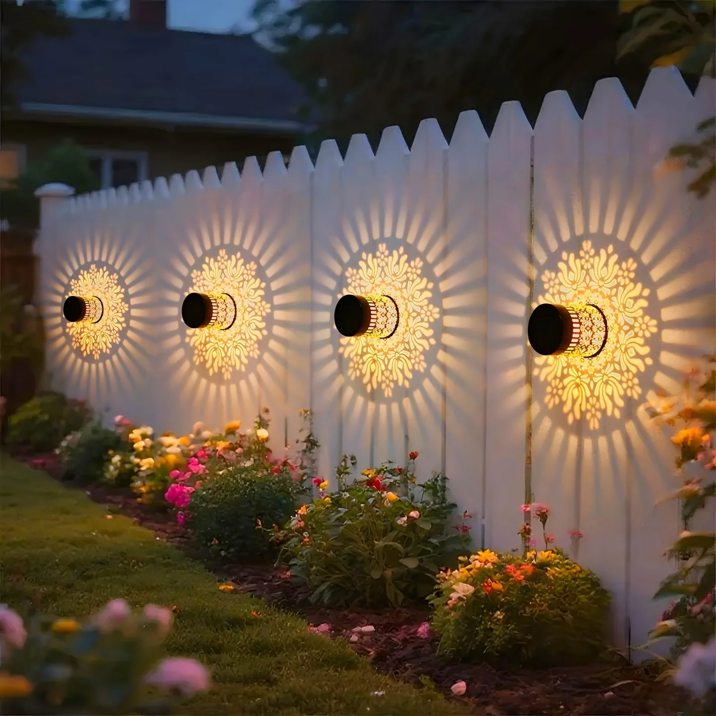 Solar Outdoor Wall Light with Floodlight Hollow Design Waterproof Garden Patio Courtyard Decorative Lamp for Fence Villa Door