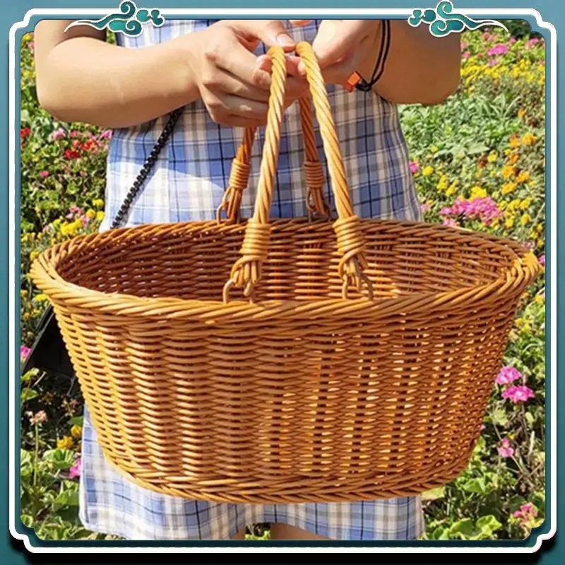 

Premium Handmade Imitation Rattan Picnic Basket Camping Picnic Willow Weaving Storage Hamper With Handle Outdoor Fruit Holder 1