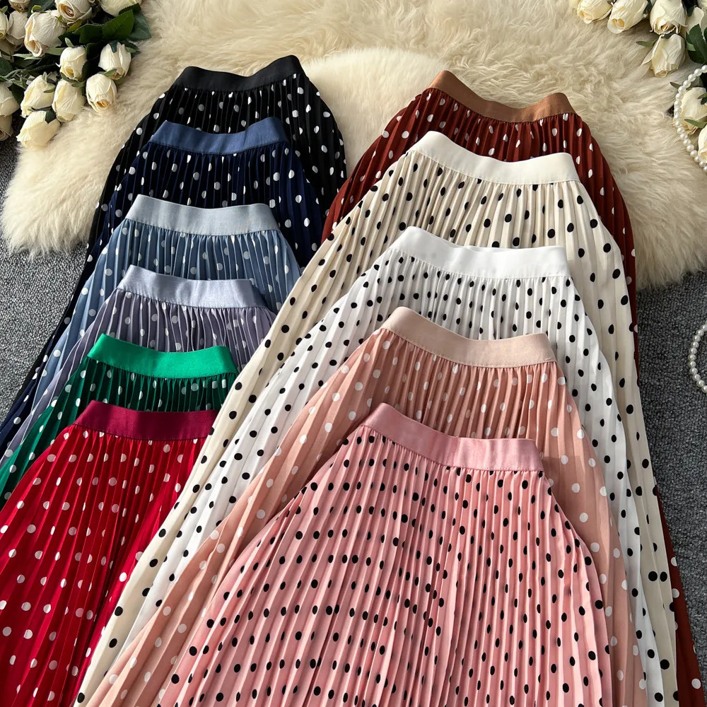 Korean Style Polka Dot Print Pleated A-line Long Skirts Women 2026 Spring Summer High Waist Casual Skirt