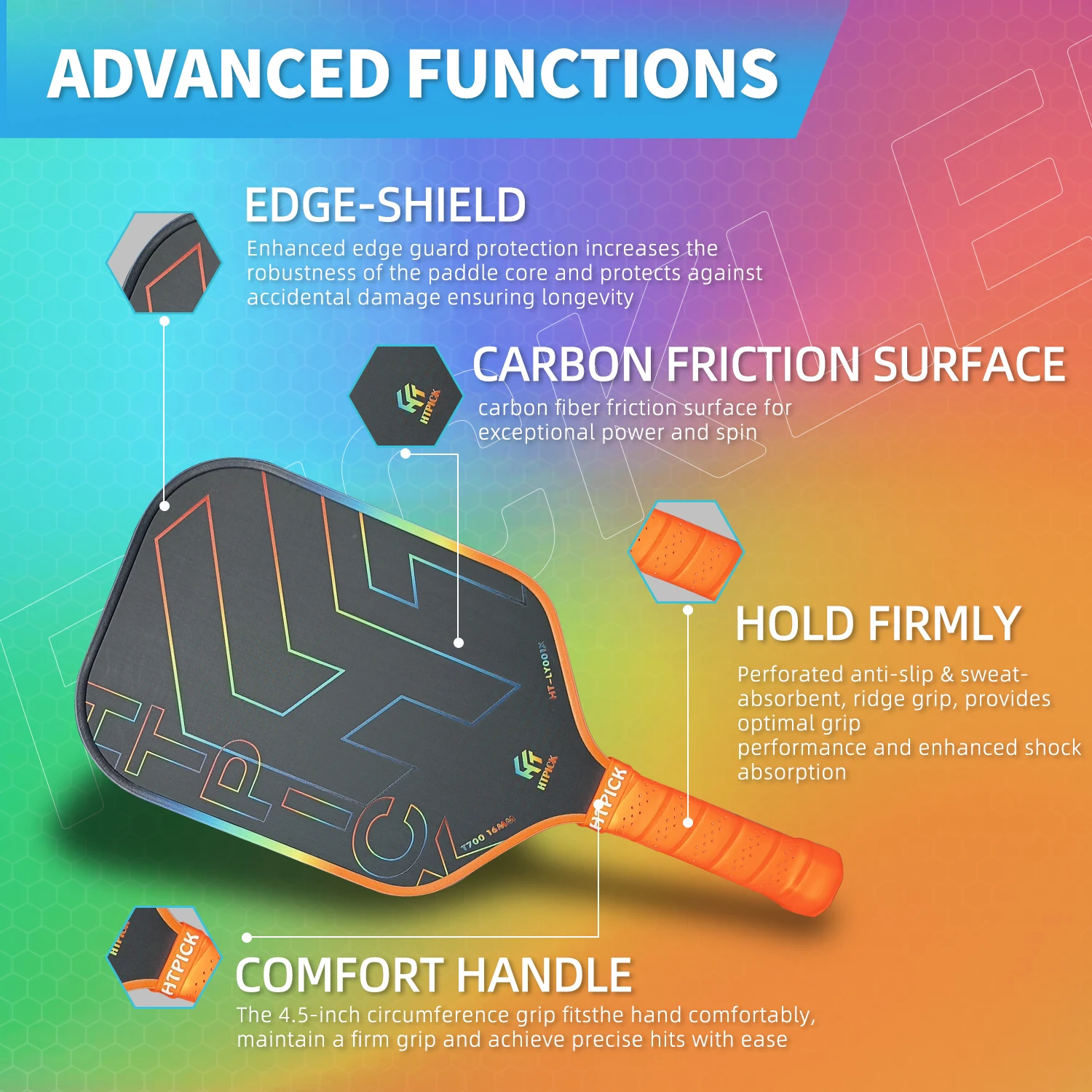 

HTPICK T700 Carbon Fiber Friction Pickleball Paddle Set, in Vibrant Colors