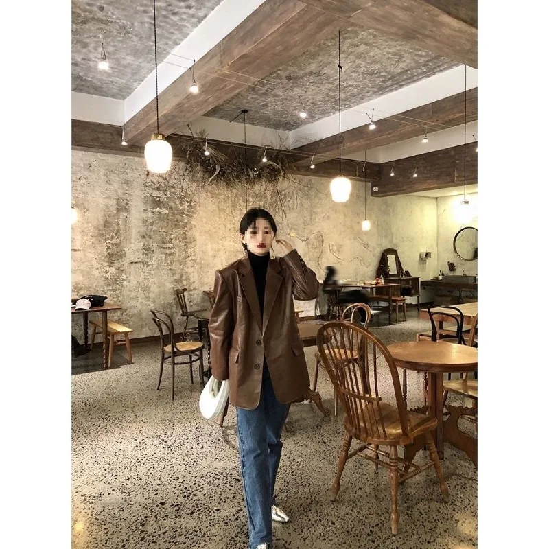 春と秋の新作韓国風ルーズレトロブラウンレザースーツルーズカジュアルスーツジャケット女性用ファッショナブルハイエンドコート
