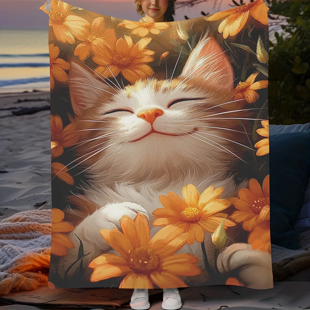 Couverture Douillette Sunflower Cat Bliss avec Motif Floral Vibrant – Cadeau Idéal pour les Amoureux des Animaux et de la Nature