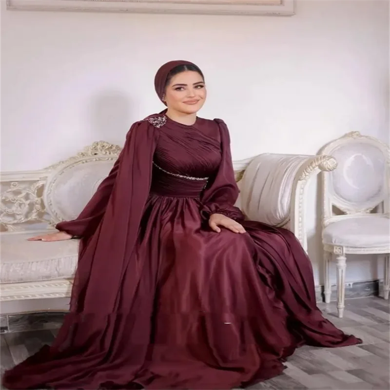 فستان سهرة عربي برقبة دائرية مخصص إسلامي أنيق شيفون مطوي مطرز على شكل حرف a وأكمام طويلة لحفلات الزفاف وحفلات الزفاف