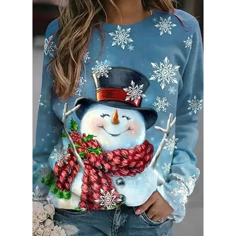 

305184New Snowman Snowflake Print Round Neck Pullover Long Sleeve Base Shirt European and American Women's Fashion