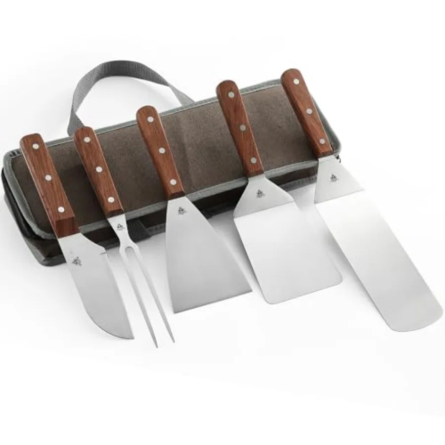 

Набор из 6 профессиональных аксессуаров для гриля с плоской поверхностью и ручками из палисандра, включая лопатку, скребок и нож сантоку