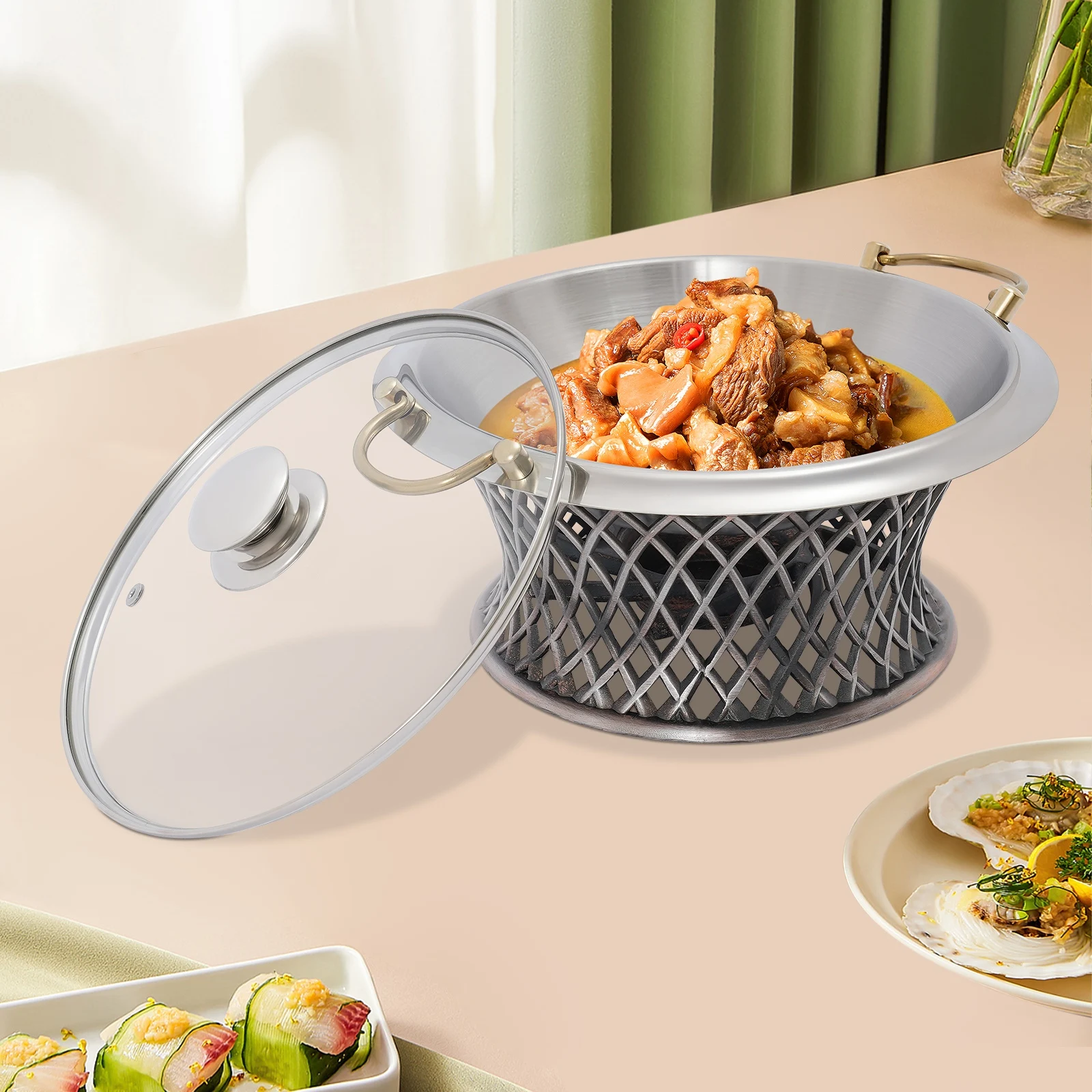 

Elegant Bronze Buffet Chafing Dish W/ Lid, Round Alcohol Burner Warmer, 24cm Tabletop Food Pan, Perfect for Catering & Home Use