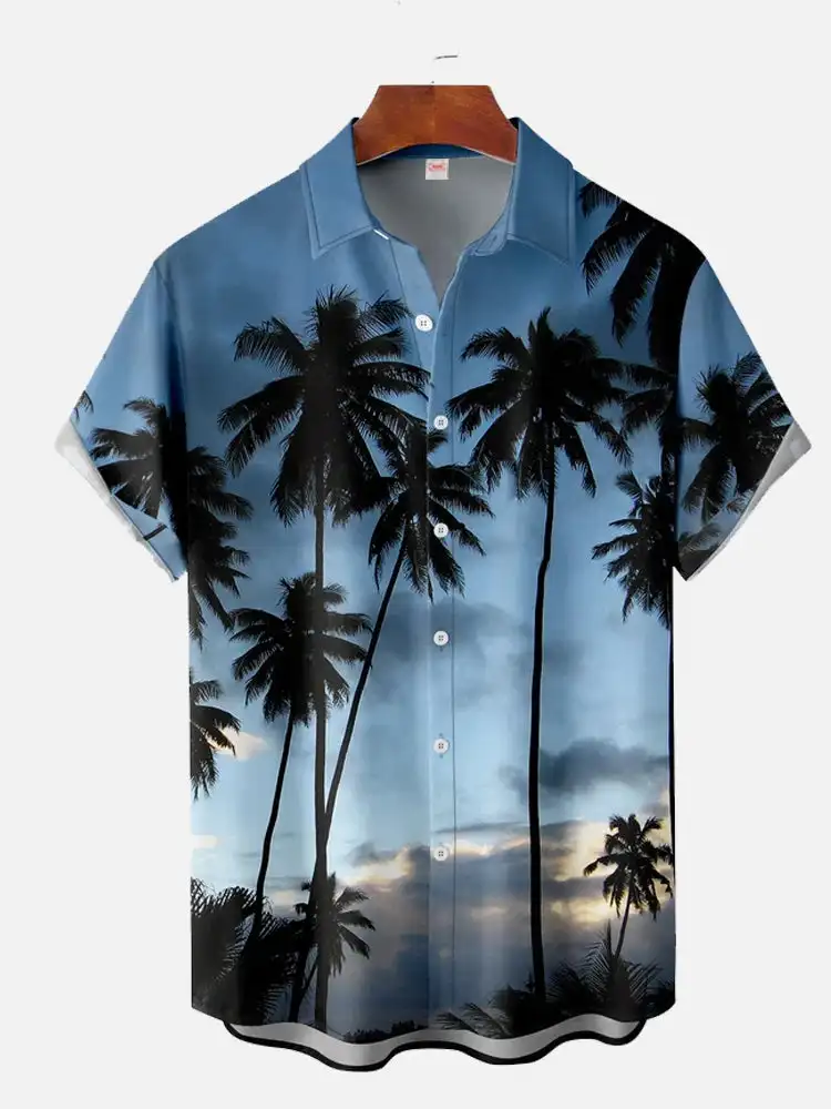 Men\'s Hawaiian coconut tree print shirts Summer aurora pattern short sleeved shirt Men\'s beach button shirt Trend lapel shirts