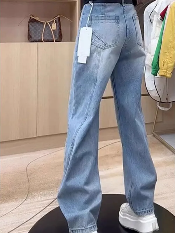 Lente 2025, afslankende, faionable jeans met wijde pijpen, hoge taille, rechte denimbroek, verbergt flatterend mes