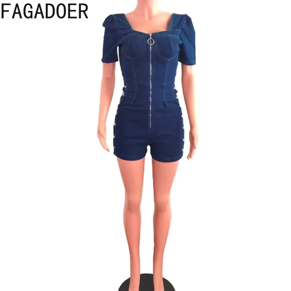 FAGADOER Sexy Bandage Patchwork Denim Rompers Women Zipper Short Sleeve Bodycon Jeans Jumpsuits Female One Pieces Overalls New