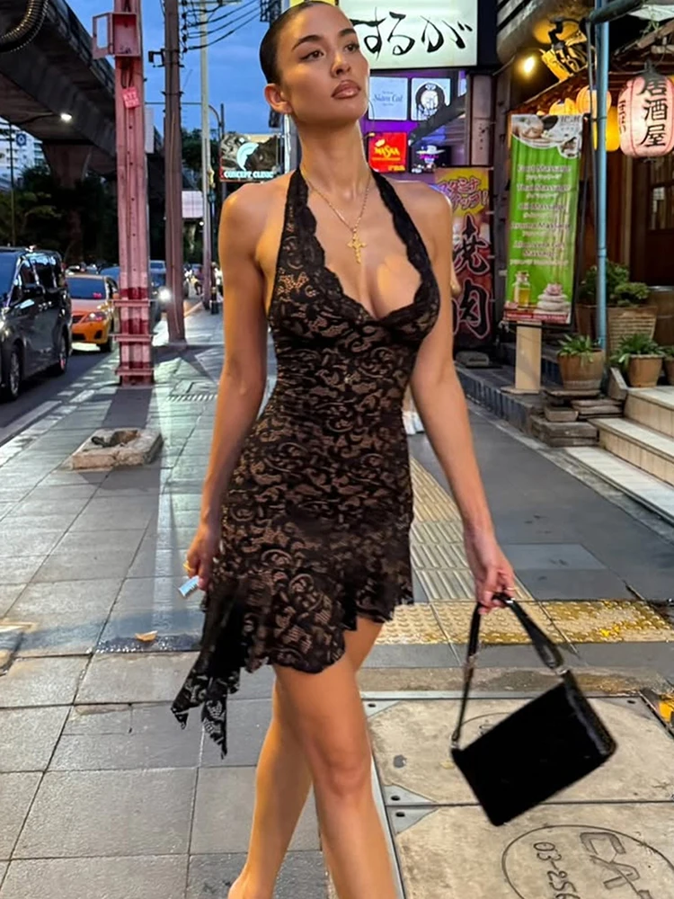 Leosoxs Sexy Lace Jacquard Dress Women Y2K Halter Backless Low Neck Irregular Hem Stretch Hottie Peach Hip Club Party Bodycon