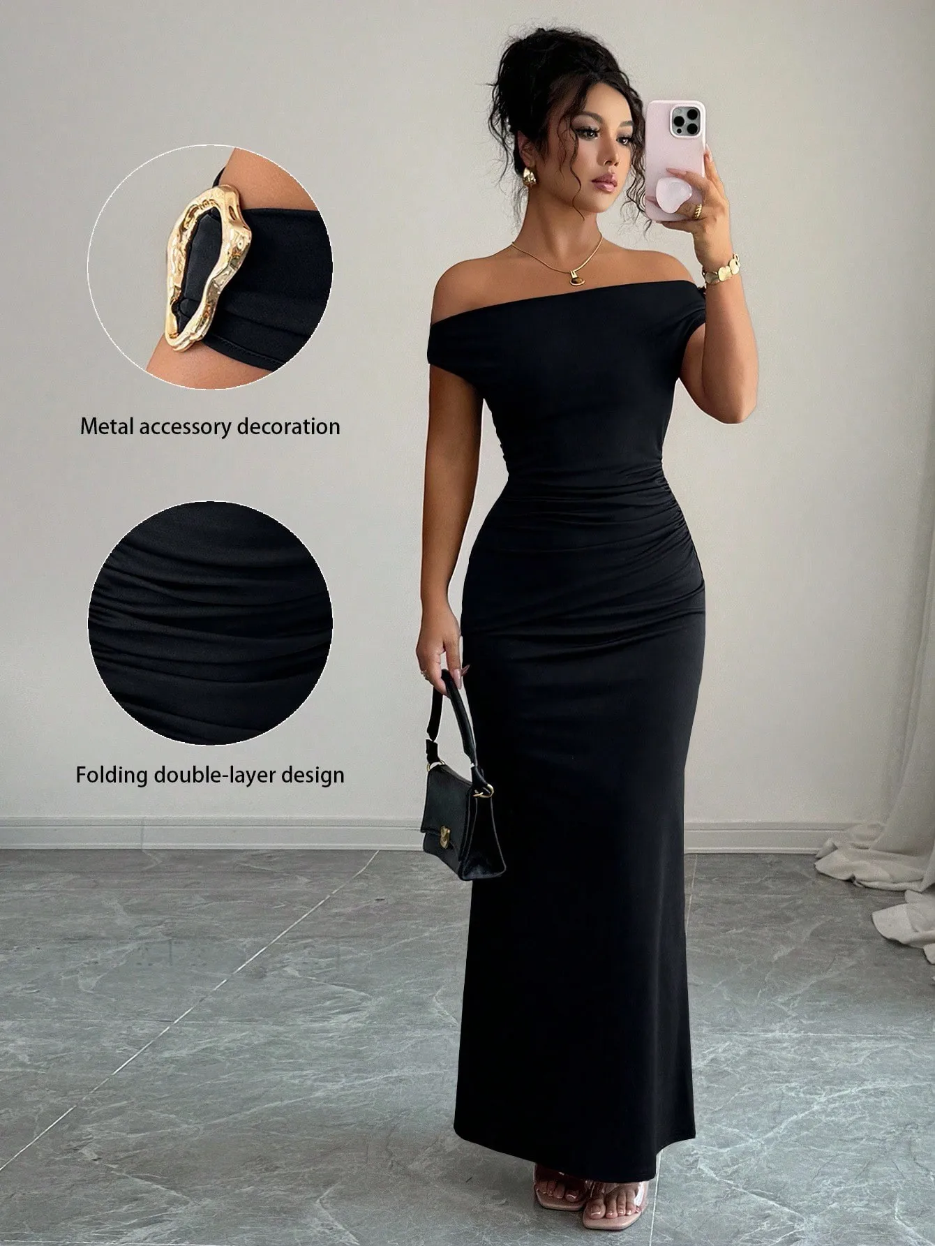 Elegant Party Dress For Woman Off Shoulder Long Sleeve Black Dresses Wedding And Gala Evening Dress Ruched Waist Navy Blue Maxi
