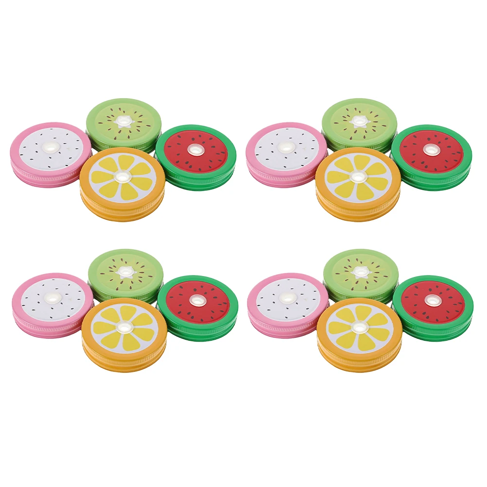 

16pcs Mason Jar Covers Straw Hole Fruit Pattern Tinplate Lids Lightweight Portable Daily Gifts Reusable Sealed