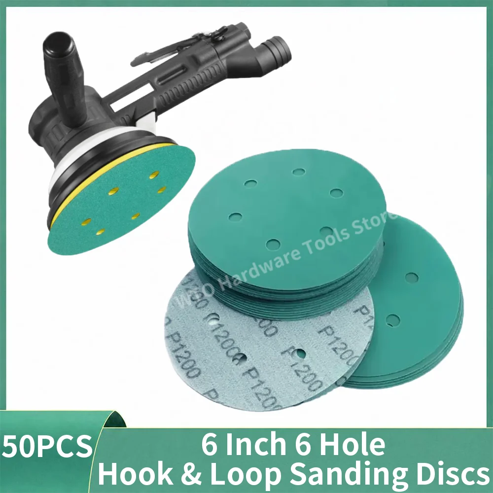 50PCS 6 Inch 150mm 6-Hole Film Sanding Discs, 40-2000 Grit Heavy-Duty Hook & Loop Wet Dry Sandpaper for Wood & Metal Polishing
