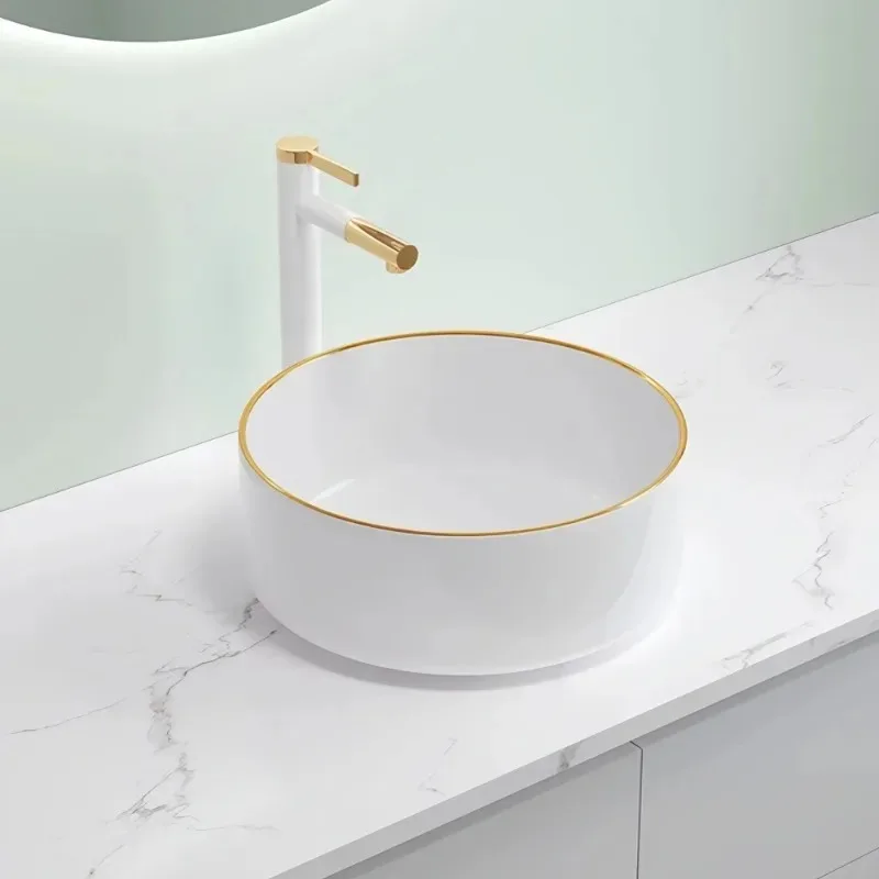 

Marble Patterned Modern Circular Ceramic Bathroom Sink, Freestanding Washbasin, Luxurious Gold Edged Washbasin(excluding Faucet)
