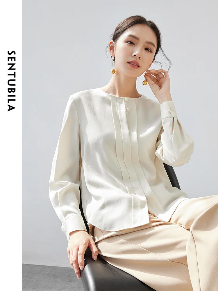 

SENTUBILA Повседневная рубашка из 100% лиоцелла для женщин, осень-весна 202, простые топы с круглым вырезом и пуговицами, женские 143V56948