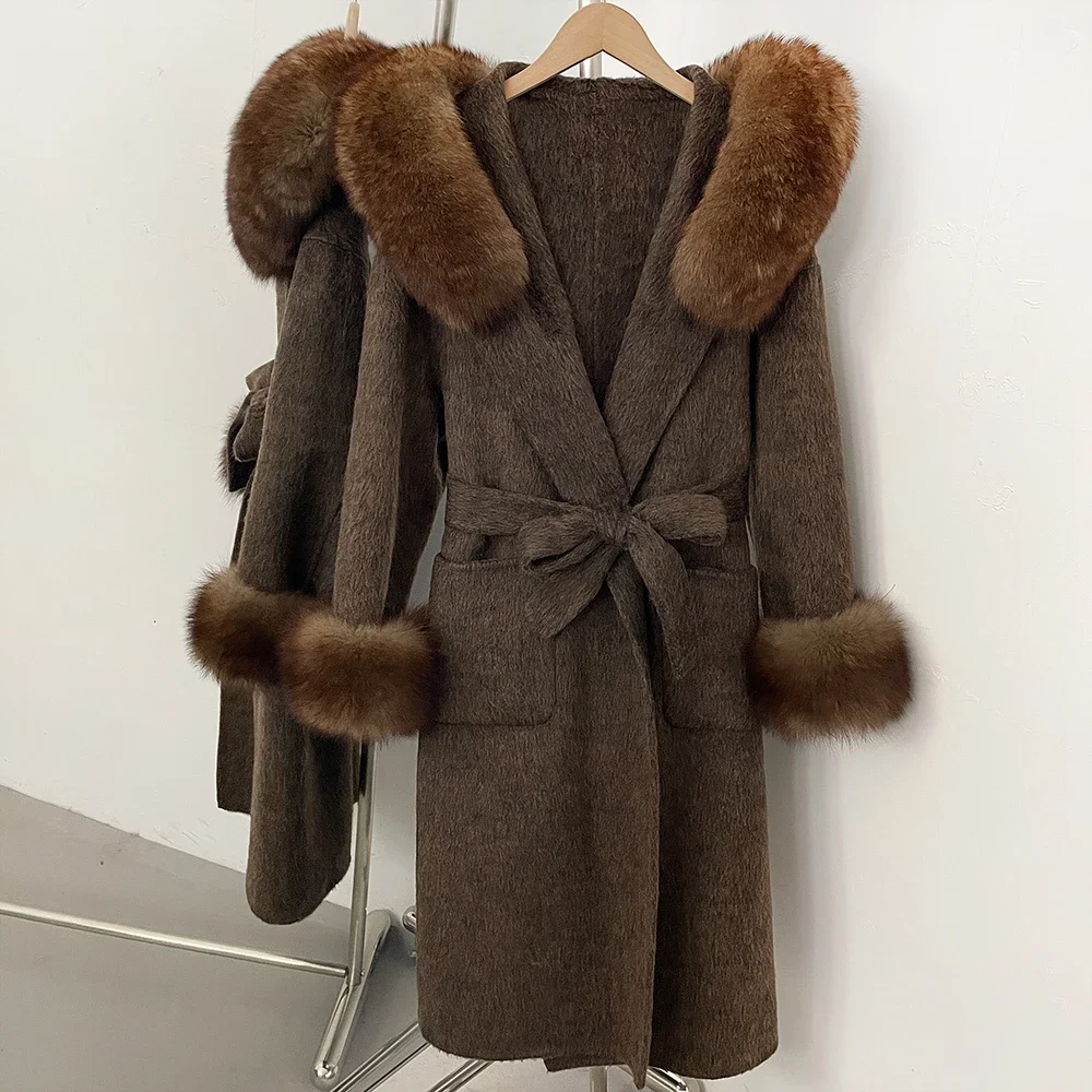 OFTBUY Wollmantel mit Echtfellkragen und Kapuze, Gürtel, 100% Wolle, Damen, Herbst/Winter, Luxus, Lange Kleidung mit Naturfell – Detail 17