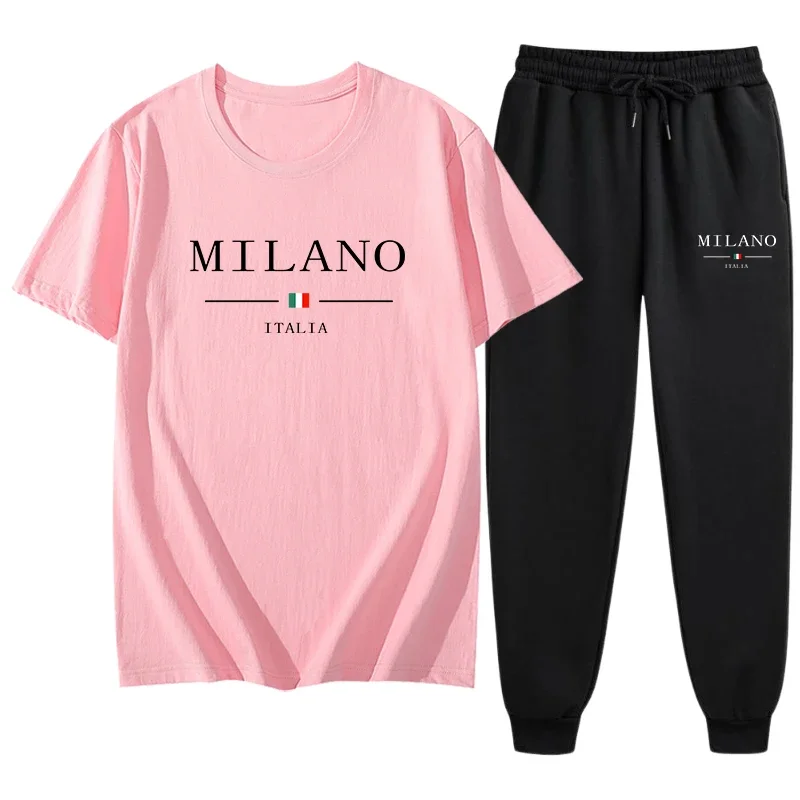 Diskon Besar Pakaian Olahraga Pria Kaus Katun Murni + Celana Jogging Poliester Pakaian Jalanan Gambar Cetak Milan Italia Setelan Olahraga Kasual