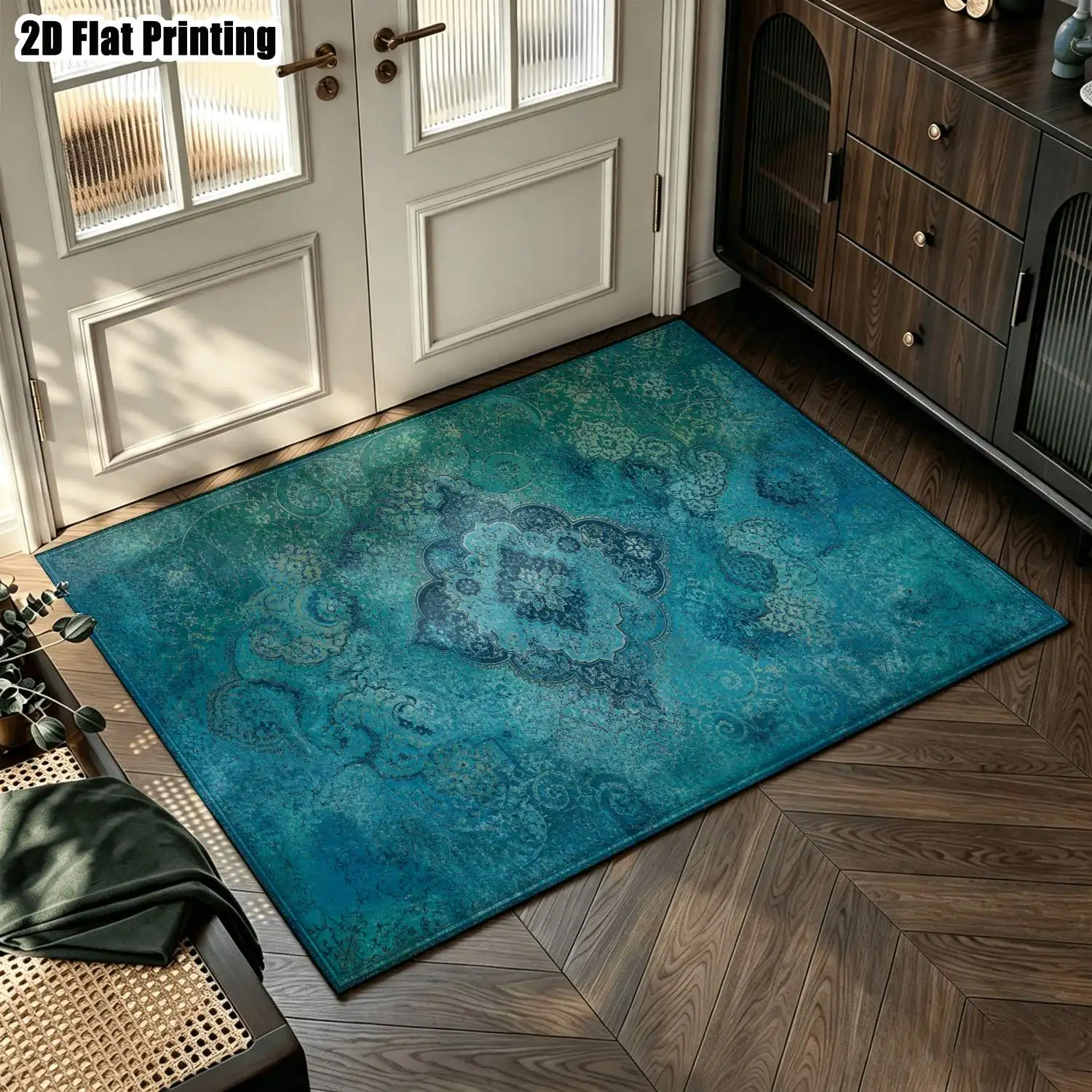 1Pc 2D Printed Carpet: Blue-Green Retro Floral Pattern, European/Bohemian/Geometric Style, Machine Washable, Multi-Size, Home Decor for Entrance, Living Room, Bedroom, Dining Room, Foyer